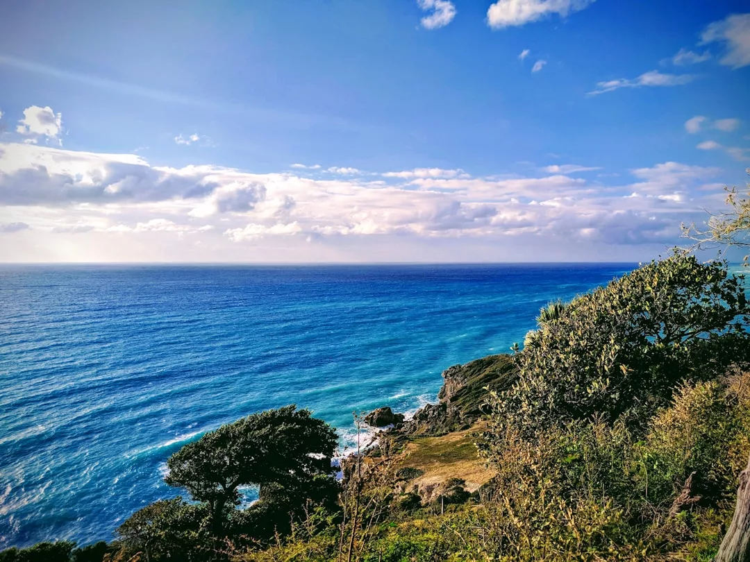 View of a blue ocean with waves meeting a rocky coastline under a partly cloudy sky, with green vegetation in the foreground—capturing the essence of coastal lifestyle and relaxation.