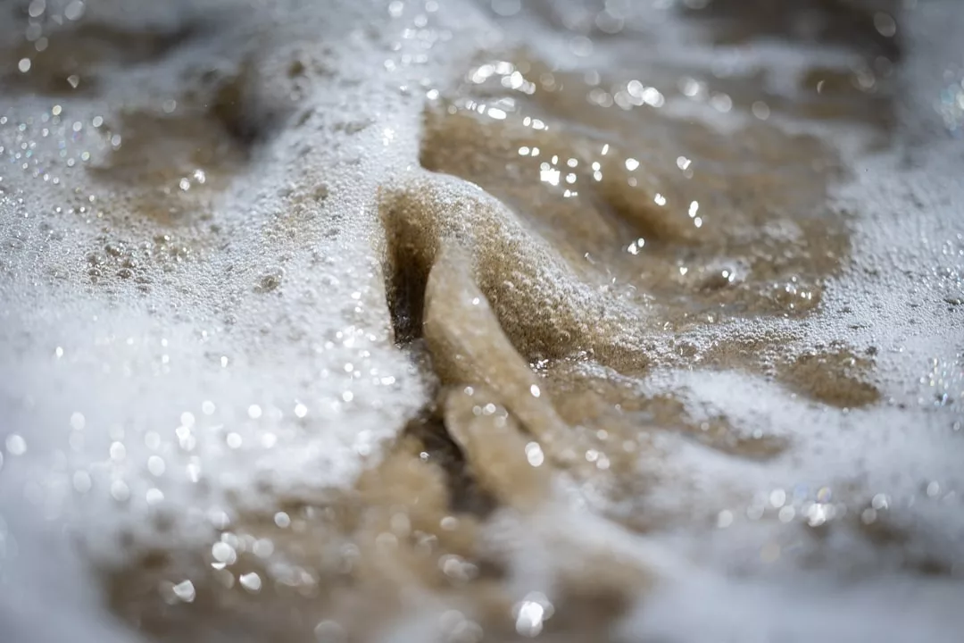 Close-up view of foamy seawater swirling over wet sand at the edge of the shore, capturing the natural luxury and tranquility that defines Glamesia’s coastal elegance.