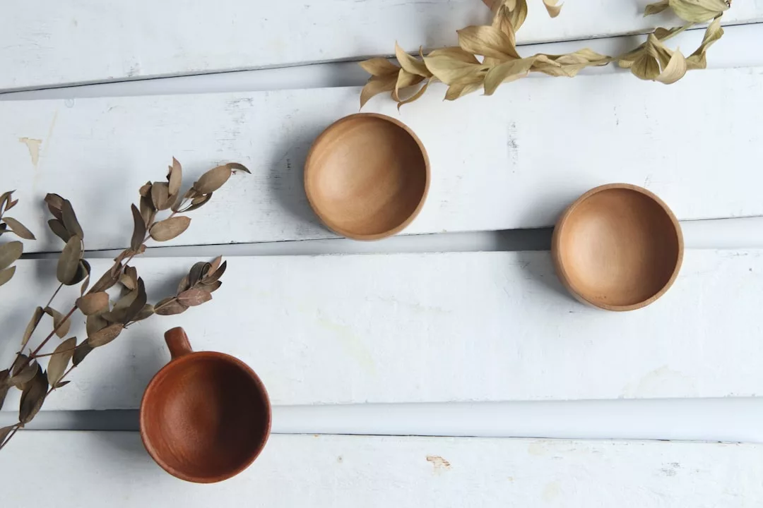 Three wooden bowls, including one with a handle, rest on a white wooden surface alongside two dried leafy branches, creating a simple yet Glamesia-inspired luxury display.