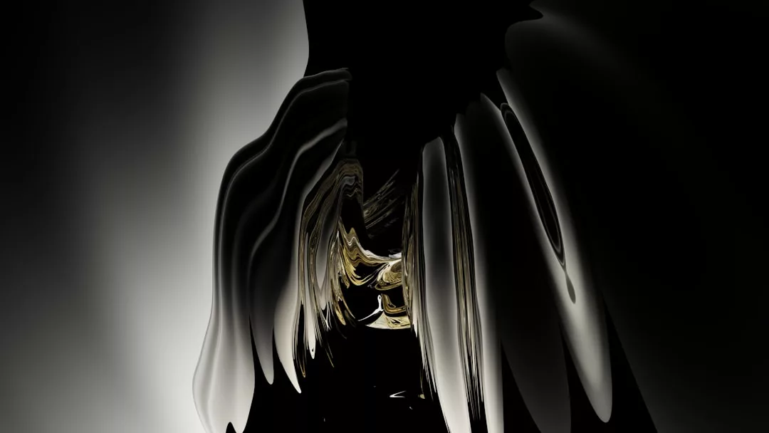 Abstract digital artwork featuring flowing, glossy black and white forms with gold accents, creating a symmetrical, fluid appearance against a dark background—a true reflection of the Glamesia lifestyle.