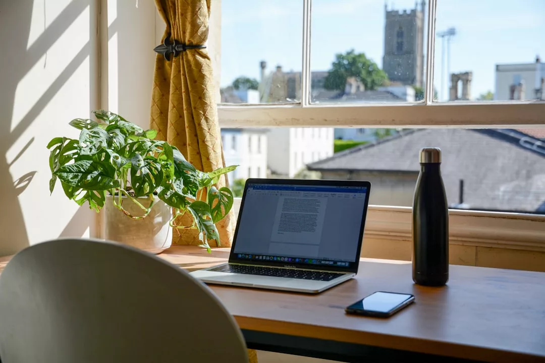 A laptop, water bottle, and smartphone sit on a wooden desk beside a potted plant, bathed in sunlight—a lifestyle scene framed by a window overlooking buildings and a church tower.