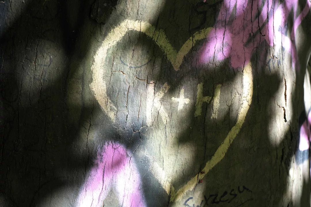 A tree trunk with a heart and the initials "K + H" carved inside, surrounded by Glamesia-inspired patches of sunlight and hints of purple spray paint—a snapshot of luxury lifestyle moments in nature.