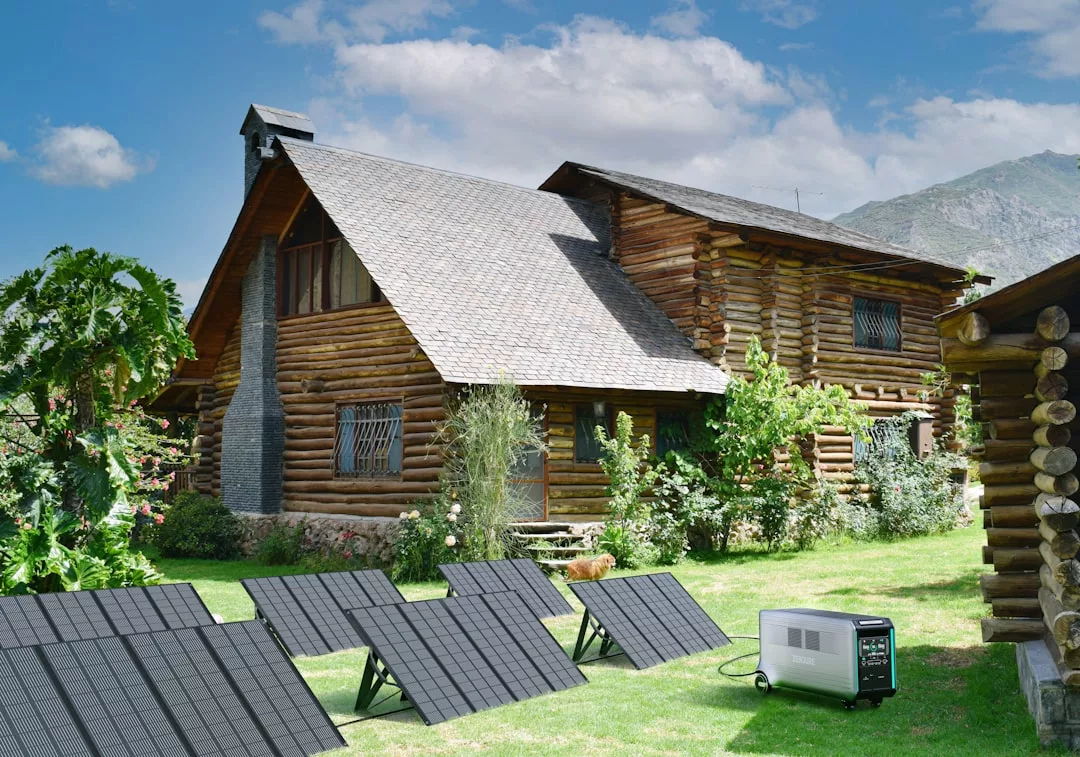 A log cabin house with solar panels and a portable power generator set up on the lawn, surrounded by greenery and mountains in the background—perfect for experiencing a Glamesia lifestyle amid nature’s luxury.