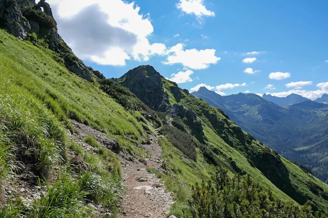A rocky hiking trail winds through grassy green mountains under a blue sky with scattered clouds, offering a glimpse of nature’s luxury in the heart of Glamesia.