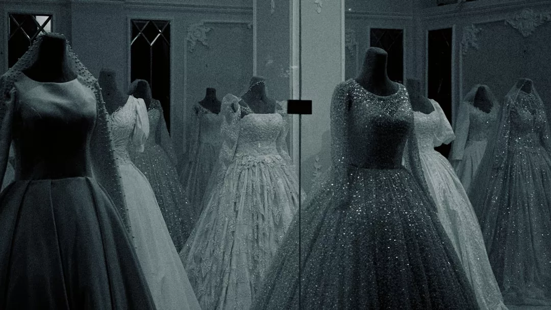 Several mannequins display glittering bridal gowns in a dimly lit room with mirrored walls, creating multiple reflections of the luxury dresses.