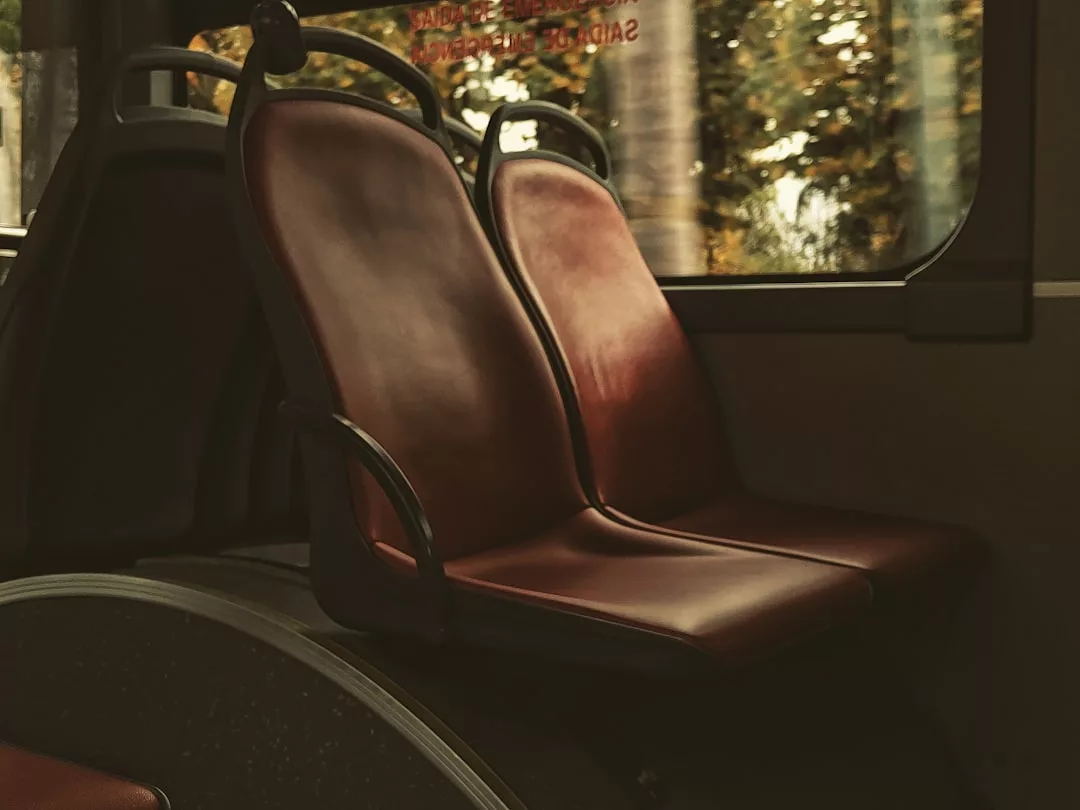 Two empty brown seats on a luxury bus, with sunlight streaming through the window and trees visible outside.