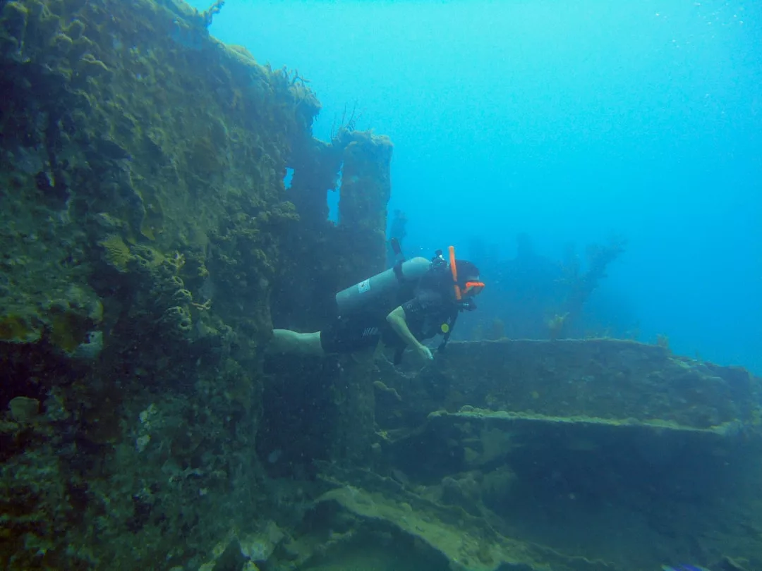 A scuba diver explores the interior of a submerged shipwreck, where shafts of blue water and marine growth create an atmosphere of underwater luxury.