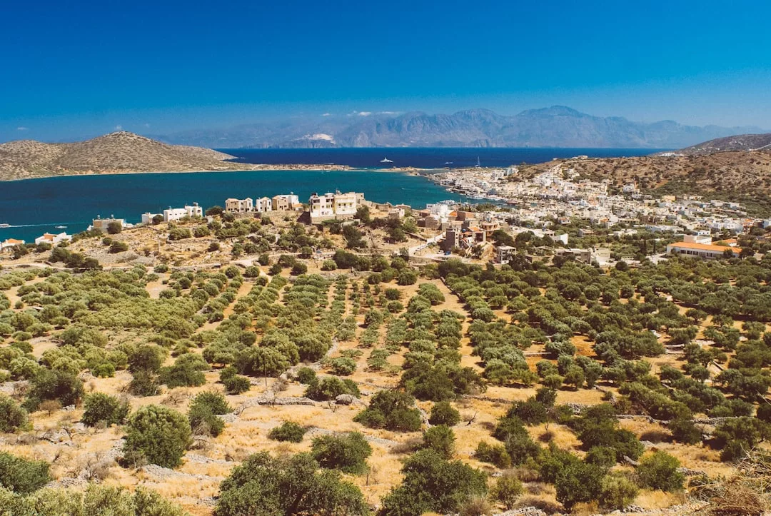 A coastal town with white buildings sits near the blue sea, surrounded by green fields and hills under a clear blue sky, capturing the luxury lifestyle that defines Glamesia.