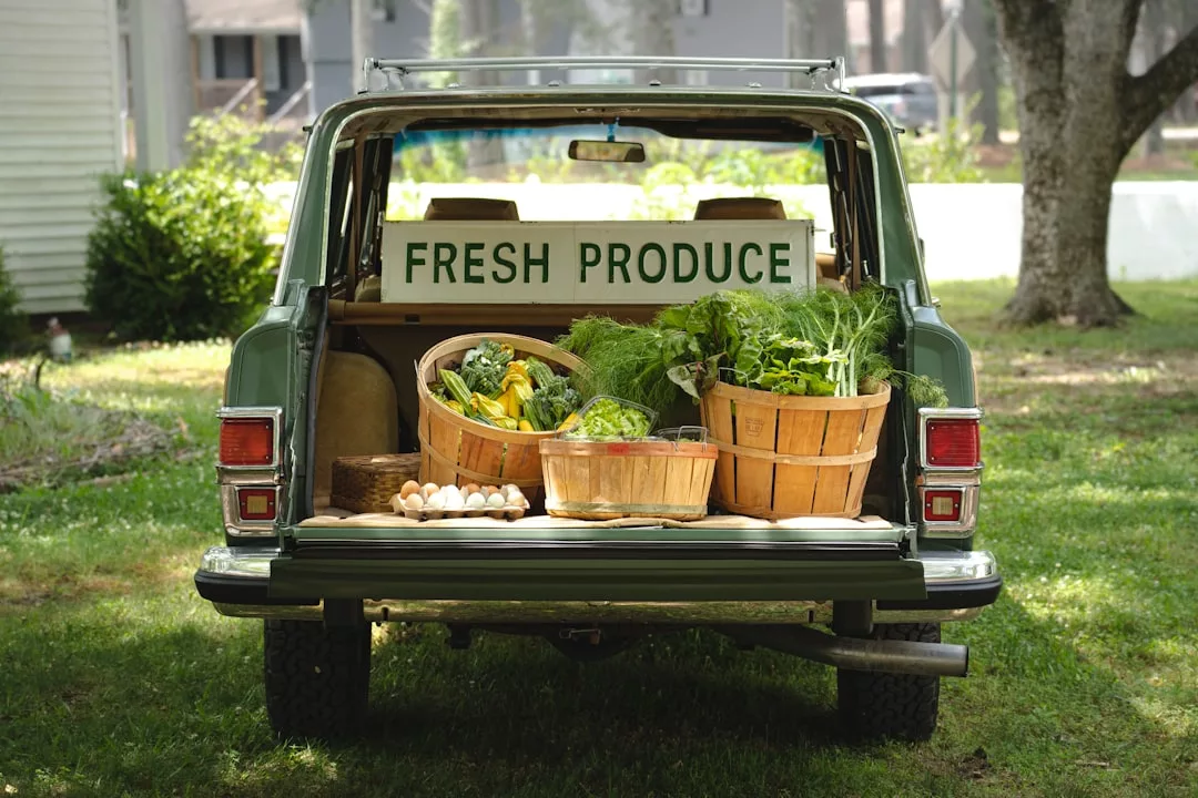A car with its trunk open displays baskets of fresh vegetables and eggs, showcasing a lifestyle of fresh choices, with a sign reading "Fresh Produce" at the back.