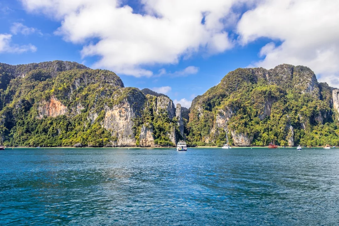 Clear blue water in the foreground with several boats, and lush green cliffs rising under a partly cloudy sky in the background—an idyllic scene that captures the essence of luxury lifestyle.