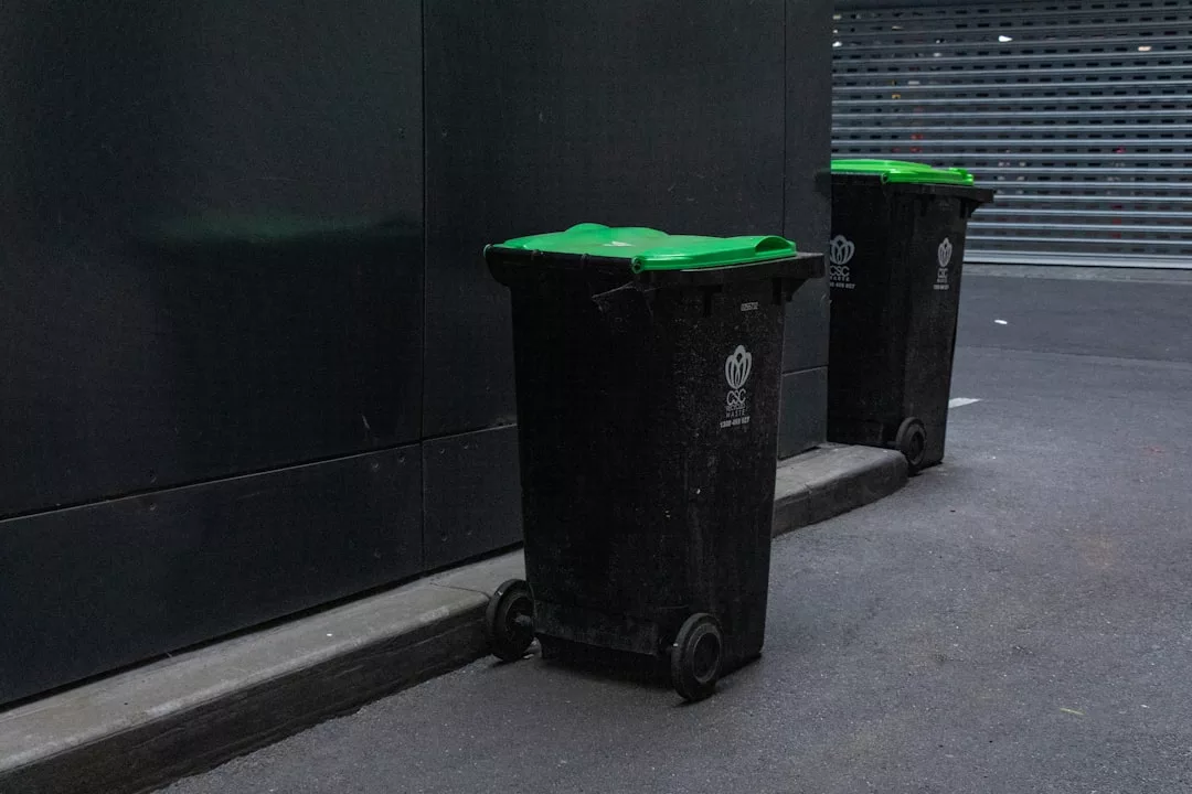 Two black wheeled garbage bins with green lids stand on a paved alley next to a dark wall and metal shutter, adding an unexpected touch of urban Glamesia style to the scene.