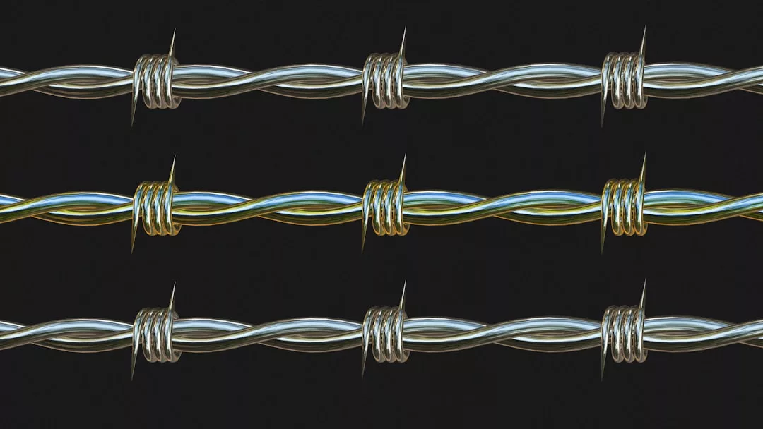 Three parallel strands of barbed wire with evenly spaced barbs, set against a solid black background, evoke a bold sense of luxury and high fashion.