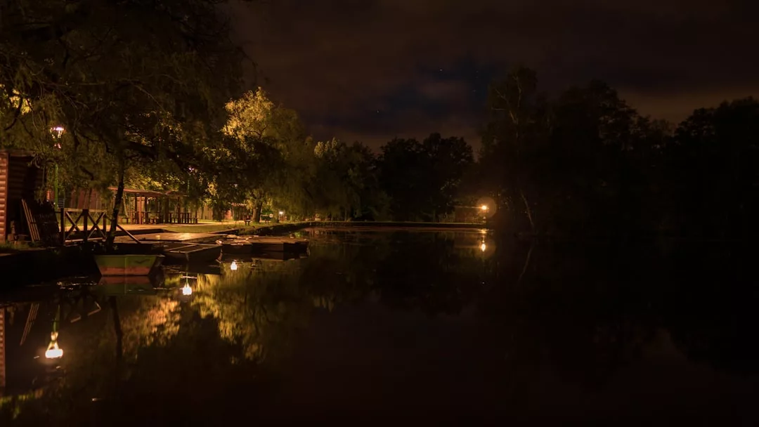 A dark lakeside scene at night with trees and buildings dimly lit by outdoor lights, reflecting off the calm water—a glimpse of Glamesia's tranquil lifestyle.