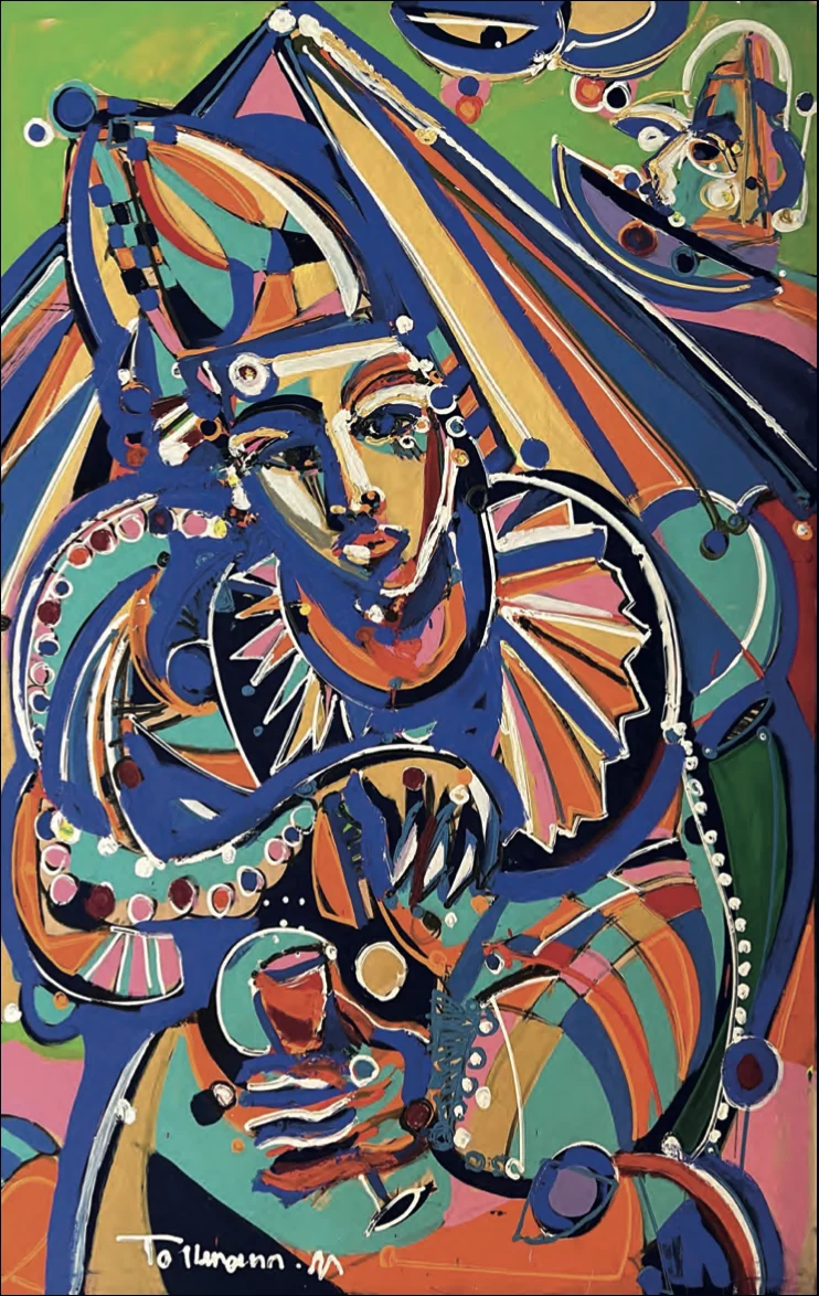 Großformatiges Gemälde von Markus Tollmann in Blau, Orange und Grün mit einer sitzenden Figur