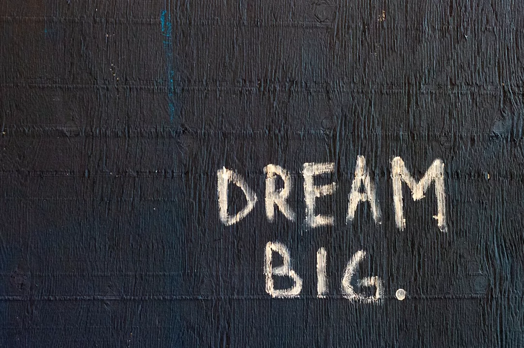 White text reading "DREAM BIG." is painted on a dark, textured wall, adding a bold statement piece to any modern lifestyle or fashion-inspired space.