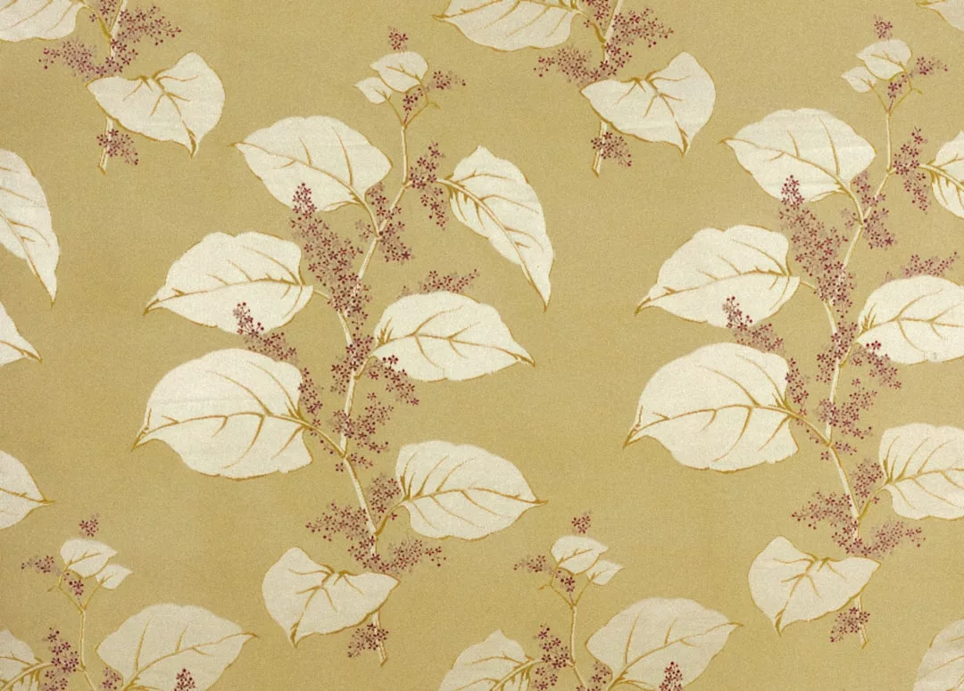 A beige background with a repeating pattern of large white leaves and small clusters of purple flowers, bringing a touch of luxury fashion to any space.