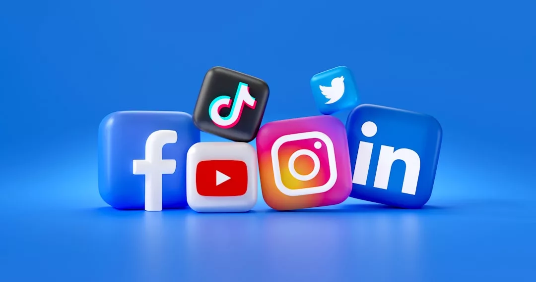 3D icons of popular social media platforms, including Facebook, YouTube, TikTok, Instagram, Twitter, and LinkedIn, are showcased on a blue background with a touch of luxury-inspired design.