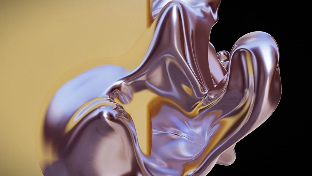 Abstract metallic-looking, fluid-like shape with reflective surfaces evokes a Glamesia lifestyle against a split yellow and black background.