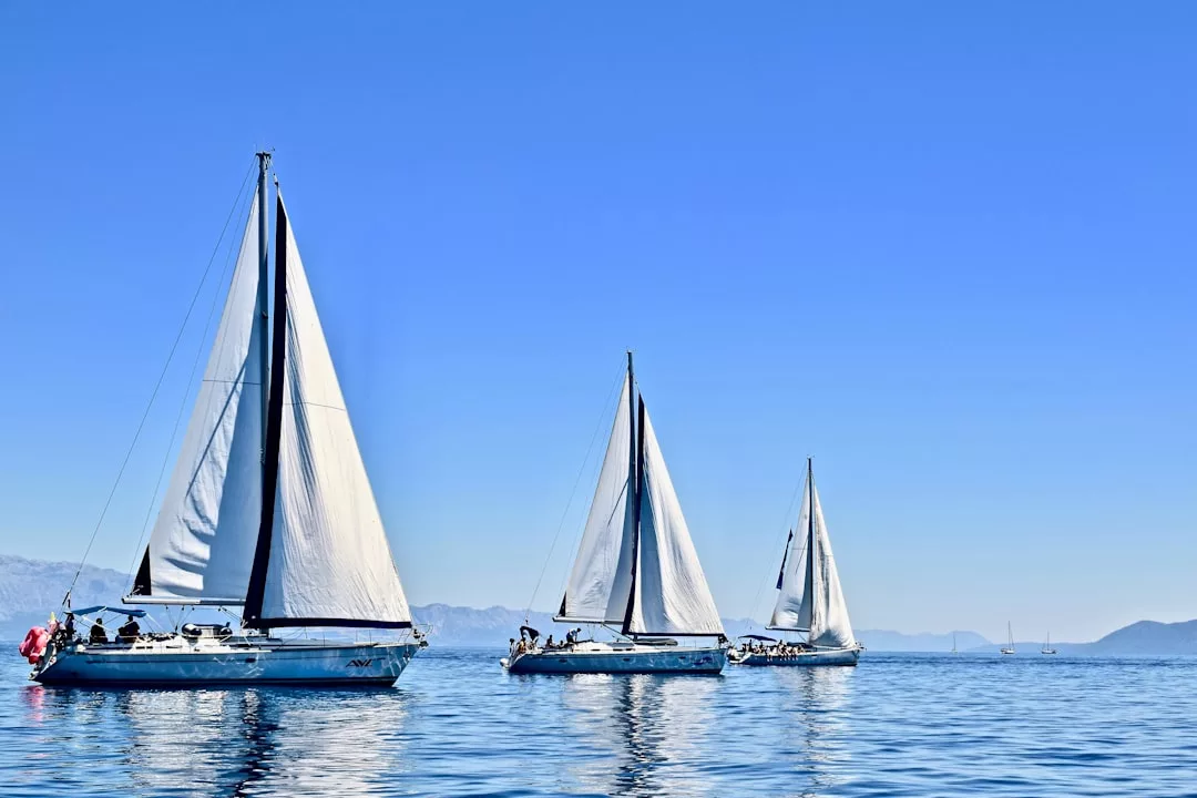 Three sailboats with white sails glide on calm blue water under a clear sky, exuding luxury as they pass distant mountains and other boats in the background—a scene reminiscent of Glamesia’s timeless fashion elegance.