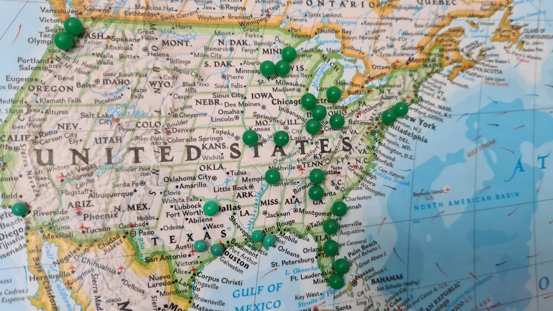 A map of the eastern United States with multiple green push pins marking various Glamesia lifestyle destinations across several states.