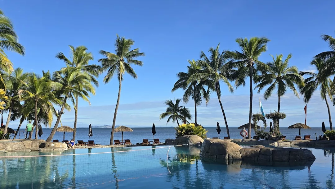 A luxury swimming pool is surrounded by palm trees with lounge chairs and umbrellas, overlooking the ocean under a clear blue sky.