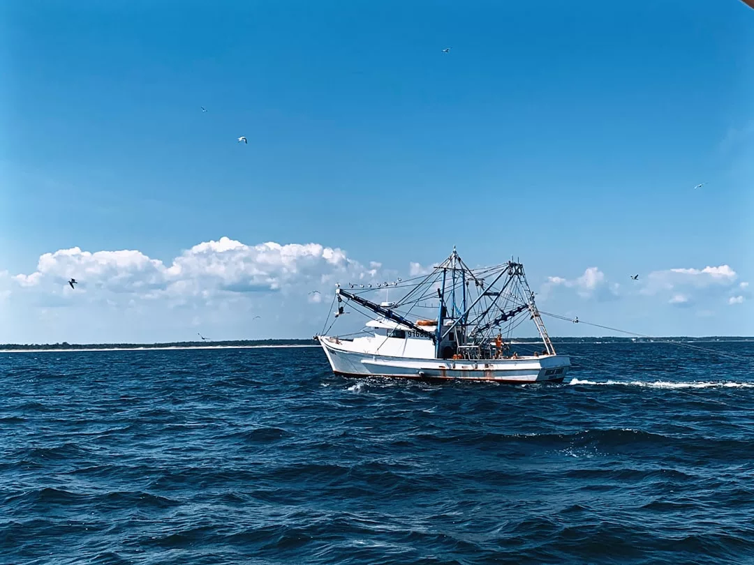 A luxury fishing boat sails on open water under a bright blue sky with scattered clouds and seagulls flying overhead.