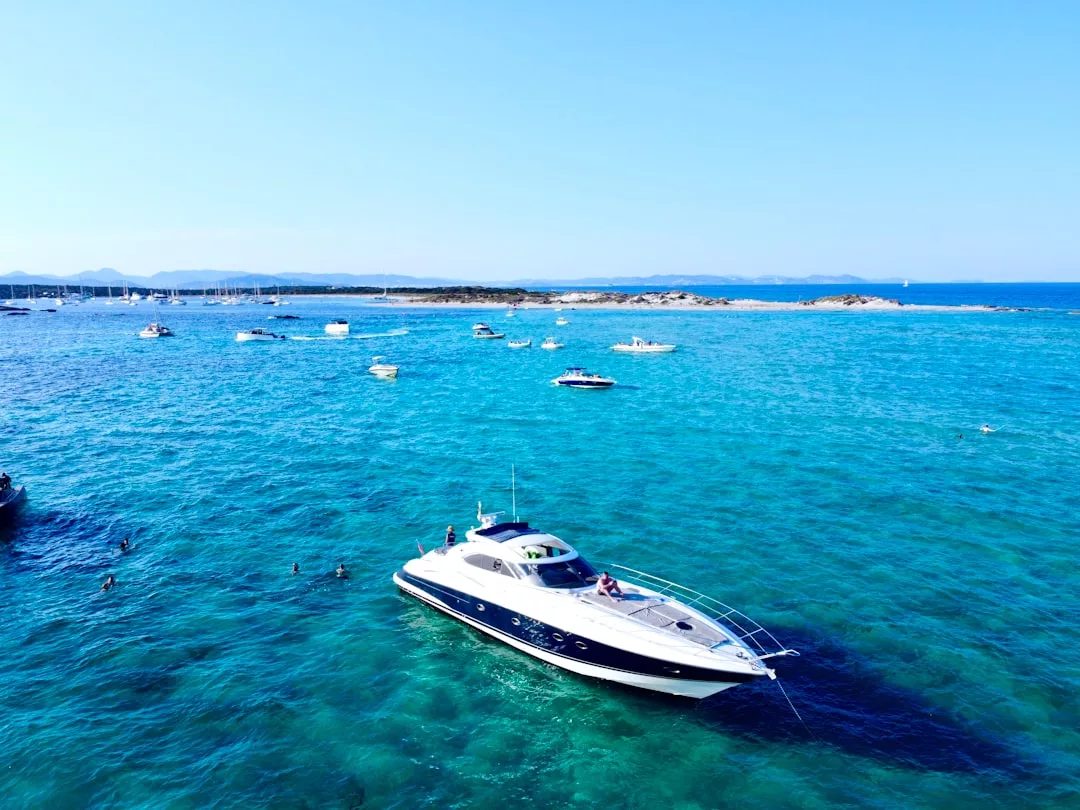 A white and blue luxury yacht floats in clear turquoise water, surrounded by smaller boats and swimmers, with a distant coastline under a clear blue sky—a perfect scene of leisure and lifestyle.