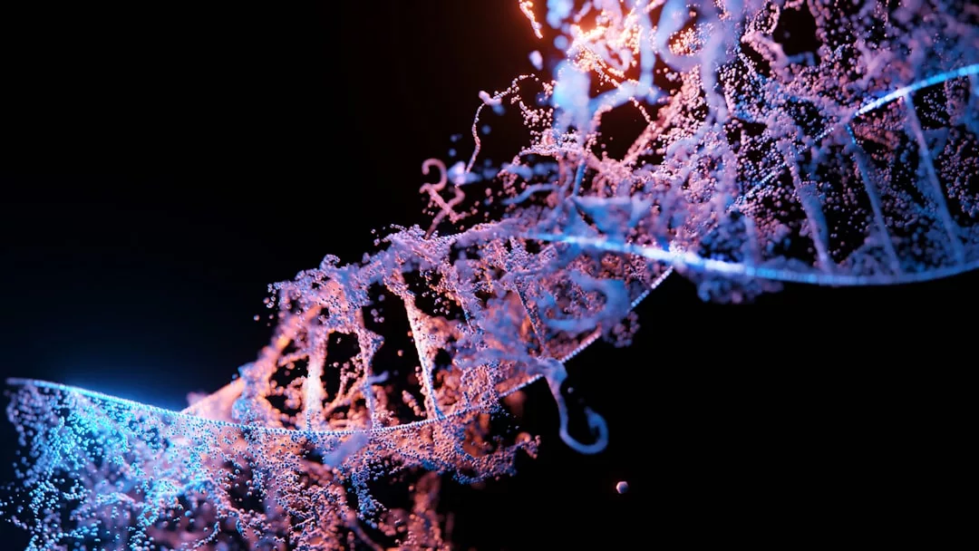 A digital rendering of a DNA double helix structure with blue and pink highlights, set against a dark background, evokes a sense of luxury and modern lifestyle innovation.