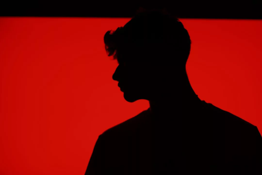 Silhouette of a person in profile against a bright red background, capturing a sense of fashion and modern elegance.
