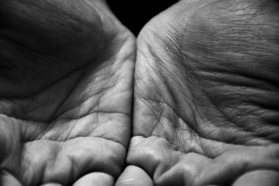 Close-up, black and white image of two open palms side by side, showcasing detailed lines and skin texture—a striking portrayal of Glamesia lifestyle.