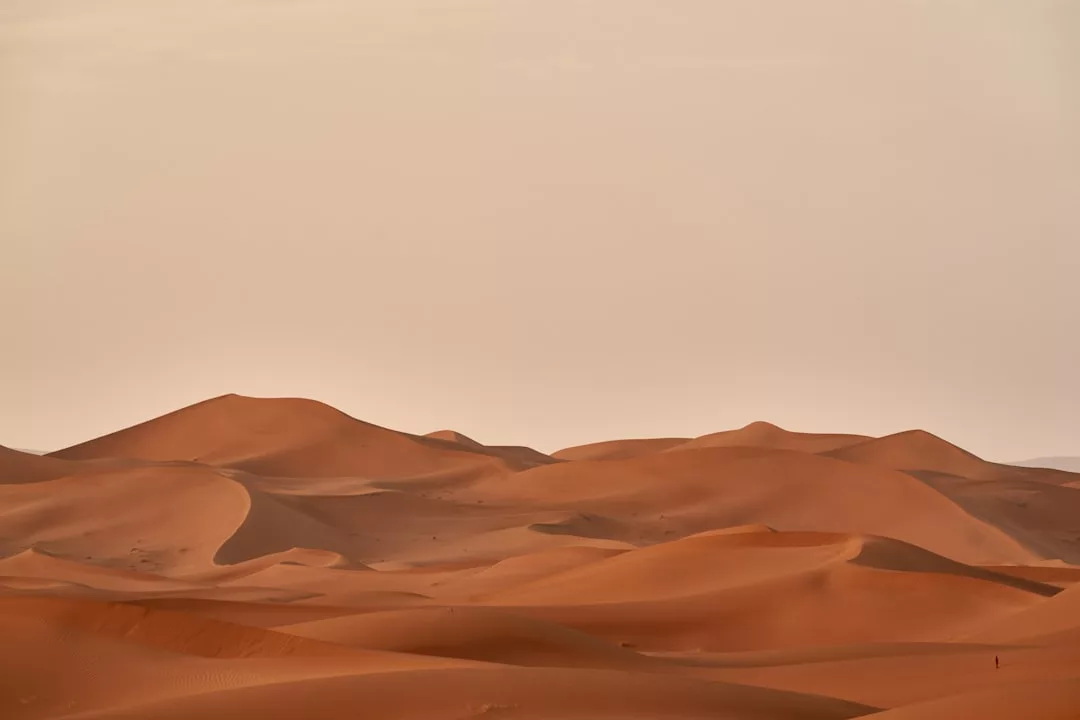 Expansive view of sandy desert dunes under a hazy sky, with soft lighting and minimal vegetation, capturing the serene essence of a luxury lifestyle escape.