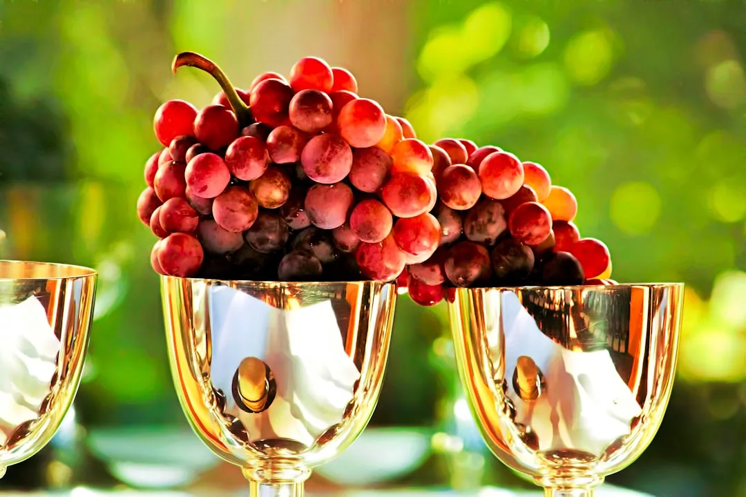 A bunch of red grapes rests on the rims of two reflective golden wine glasses outdoors with a green, blurred background, capturing the essence of Glamesia luxury lifestyle.