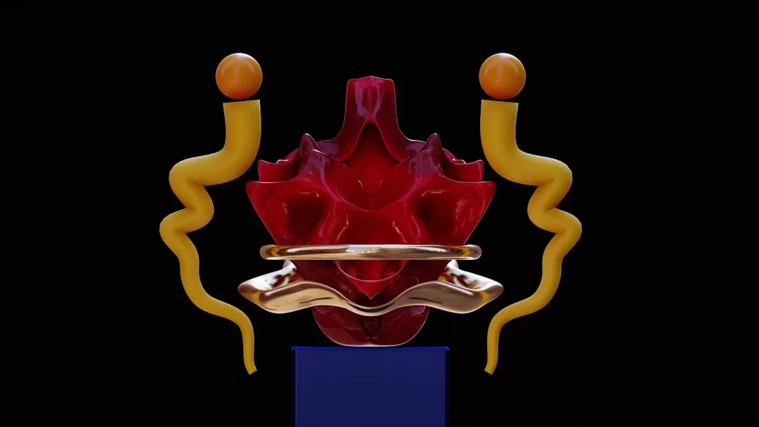 Abstract digital sculpture featuring a red central shape, two yellow wavy vertical forms with orange spheres on top, and a gold ring, set against a black background—radiating Glamesia-inspired fashion elegance.