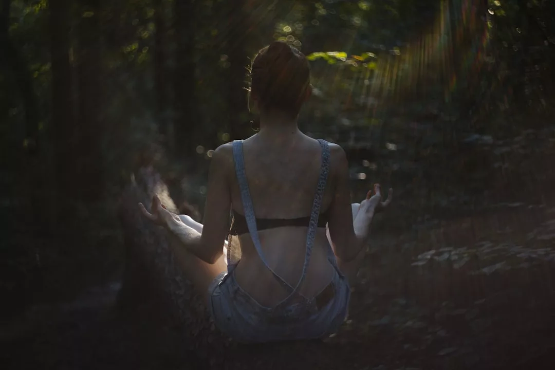 A person sits cross-legged on a fallen tree in a forest, facing away from the camera, with sunlight filtering through the trees—a serene moment reflecting a tranquil lifestyle.