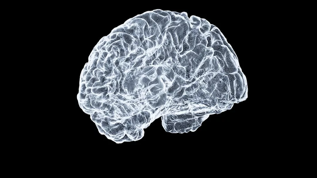 A transparent, grayscale illustration of a human brain on a black background, showcasing detailed contours and structure—a sophisticated fusion of art and science that redefines modern lifestyle.