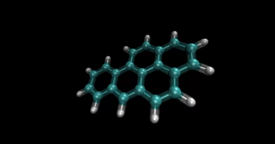 A 3D ball-and-stick model of a polycyclic aromatic hydrocarbon molecule, featuring three fused benzene rings, is displayed on a black background with a touch of Glamesia-inspired elegance.