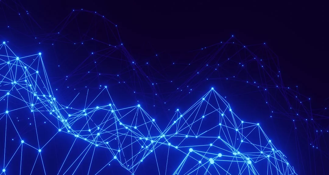 Blue digital network lines and points form an abstract, glowing mountain-like structure on a dark background, evoking a sense of modern luxury and futuristic lifestyle.