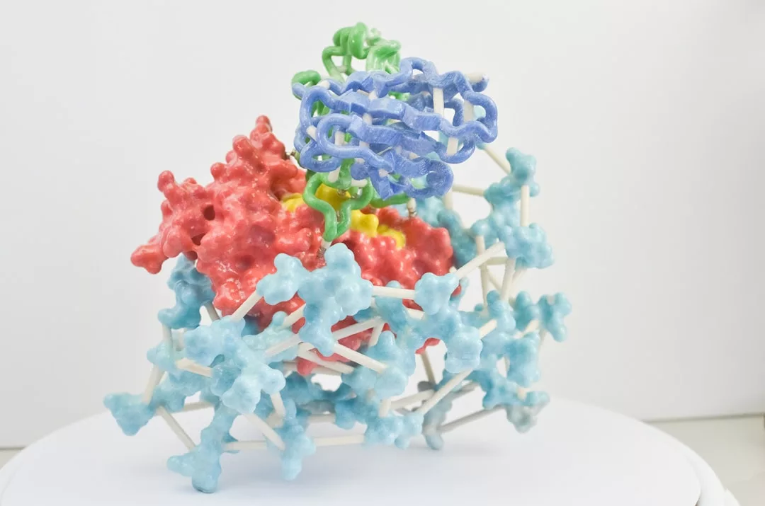 A 3D-printed molecular model with interconnected blue, red, green, yellow, and purple structures representing different protein components—a fusion of scientific precision and Glamesia-inspired luxury.