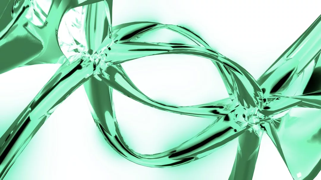 Abstract green metallic loops and shapes intertwine against a white background, creating a glossy, reflective, and futuristic appearance inspired by Glamesia fashion.