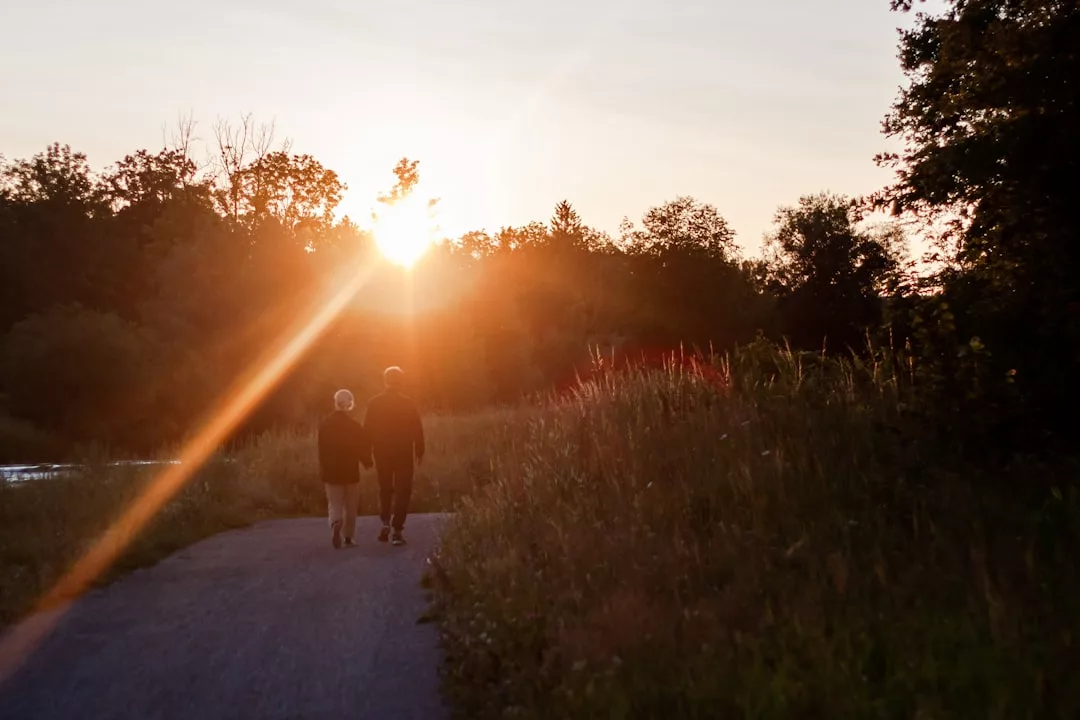 Two older adults walk hand in hand on a paved path through a grassy area at sunset, enjoying a luxury lifestyle with trees in the background and golden sunlight streaming across the serene scene.