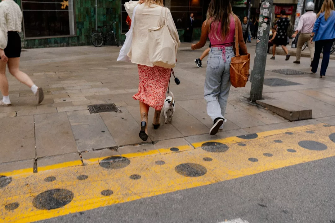 Two women enjoy a lifestyle stroll with a small dog along a city sidewalk; one wears a red skirt and beige jacket, the other sports a pink top and jeans. Other pedestrians are visible in the background.