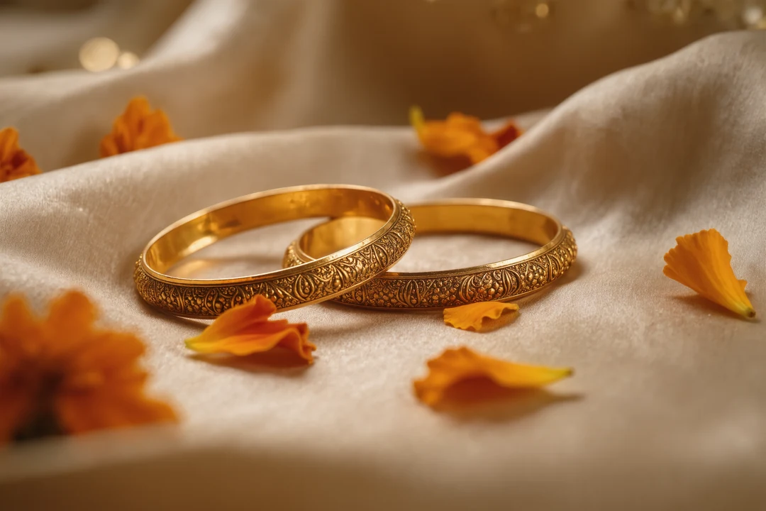 Two gold bangles placed on a white surface beside two marigold flowers, a silver plate with red powder, and a red and gold cloth border evoke timeless fashion and Laxary elegance.
