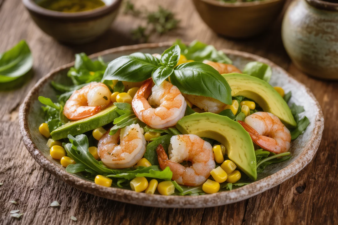 Close-up of a luxury salad with shrimp, avocado slices, shredded carrots, corn, greens, and fresh basil leaves—perfect for a refined lifestyle.