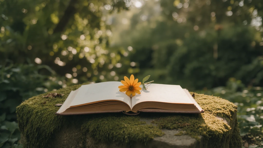 A man with glasses and a blue hoodie sits outdoors, holding a flower in one hand and an open book in the other, showcasing relaxed fashion amid lush green plants.