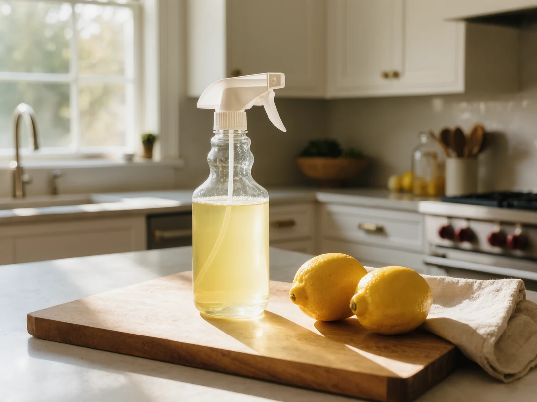 Three lemons and a spray bottle filled with lemon liquid sit on a wooden cutting board next to a stove, adding a refreshing touch of Glamesia lifestyle to this bright kitchen.