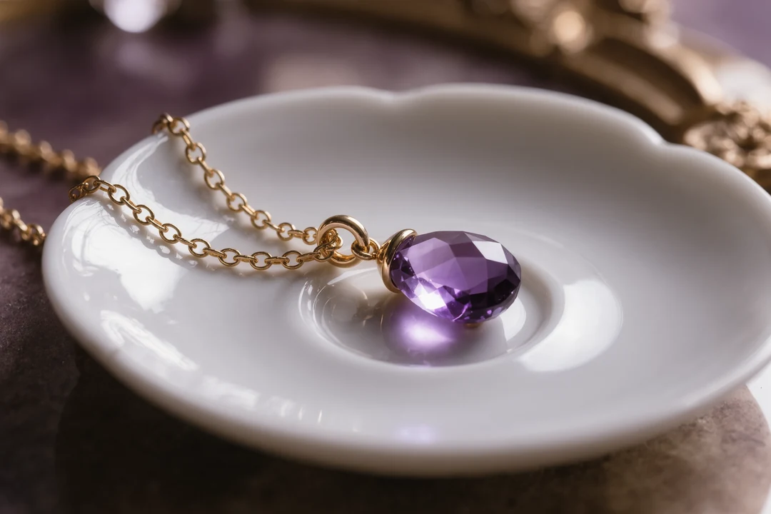 A gold necklace with purple gemstone accents exudes luxury as it rests on a white decorative plate, with a glass object nearby.
